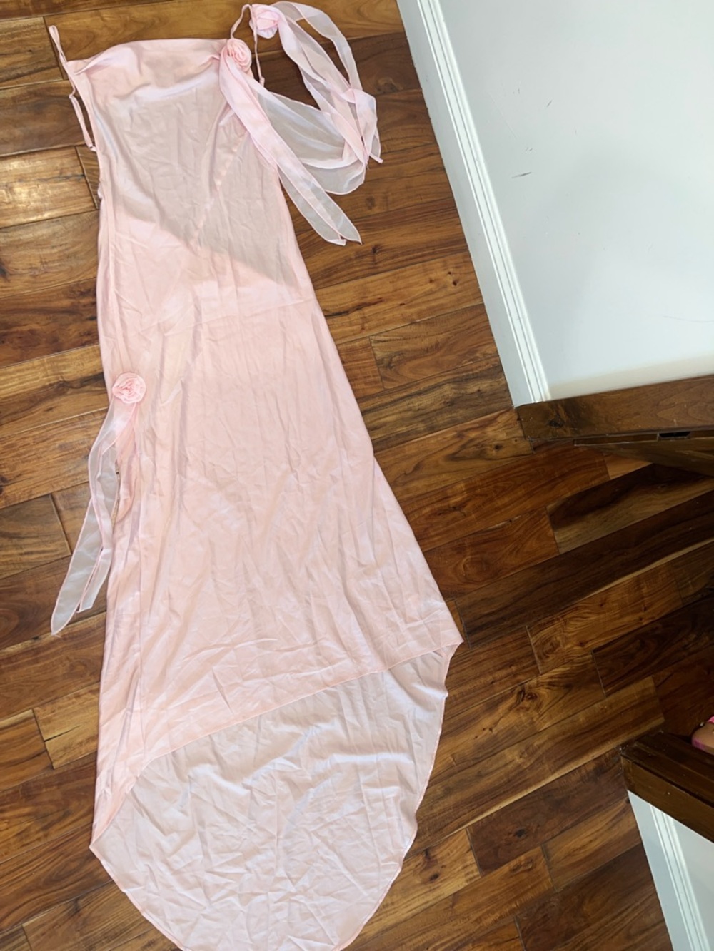 Light Pink Satin Slip Dress with Sheer Ribbon Details